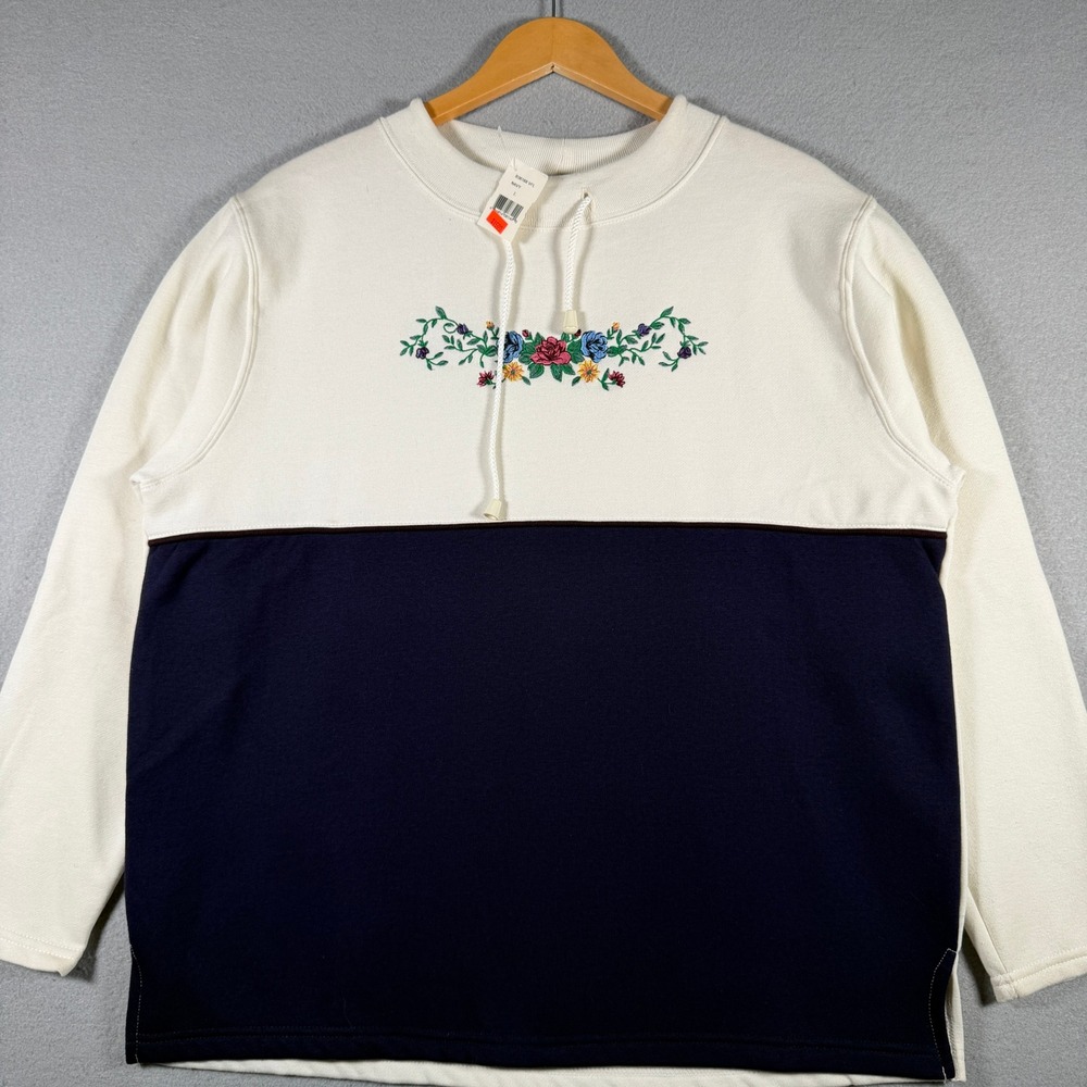 Lee Sport Womens Colorblock Floral Embroidered Sweatshirt Navy Cream Large NWT